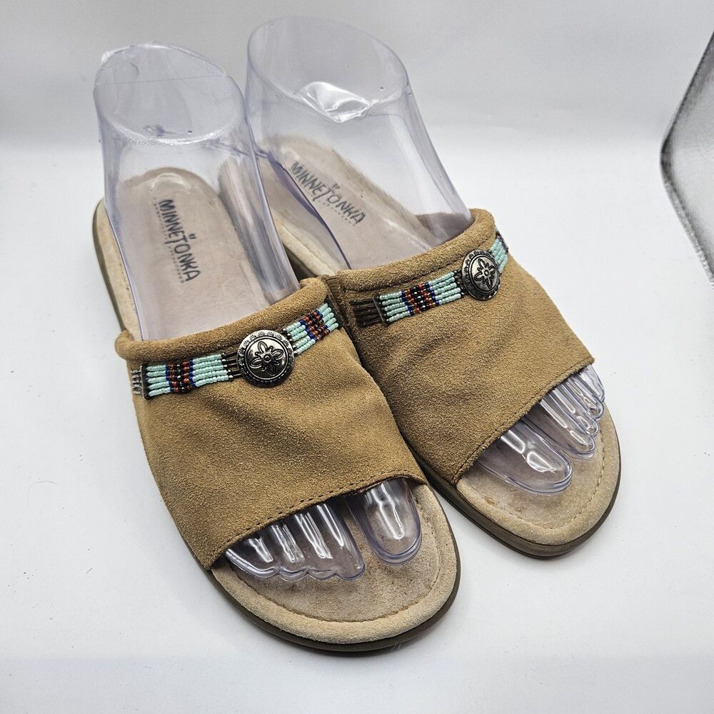 Minnetonka Womens Beige Suede Tribal Native Western Granola Beaded Slides Size 7